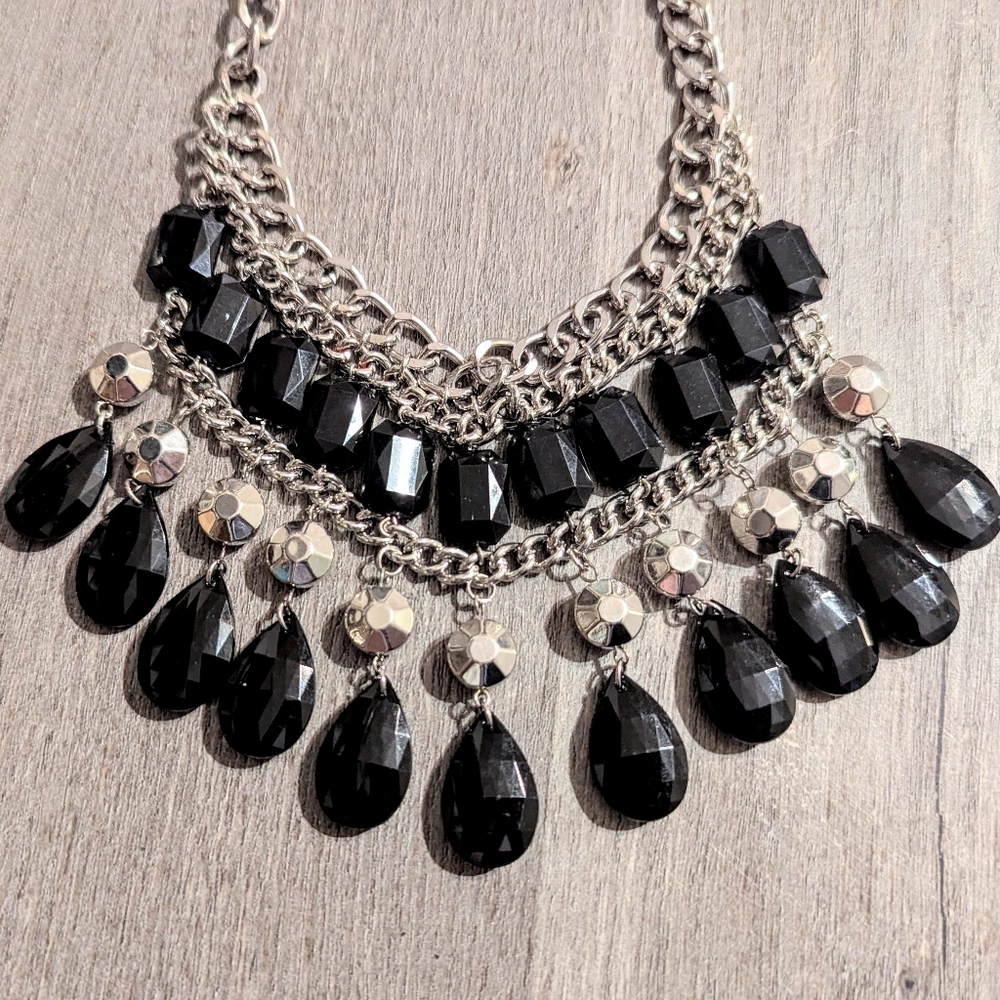 Vintage Black Silver Tone Chacha Bib Statement Necklace Whimsigoth Dark Acadamia - Picture 7 of 7